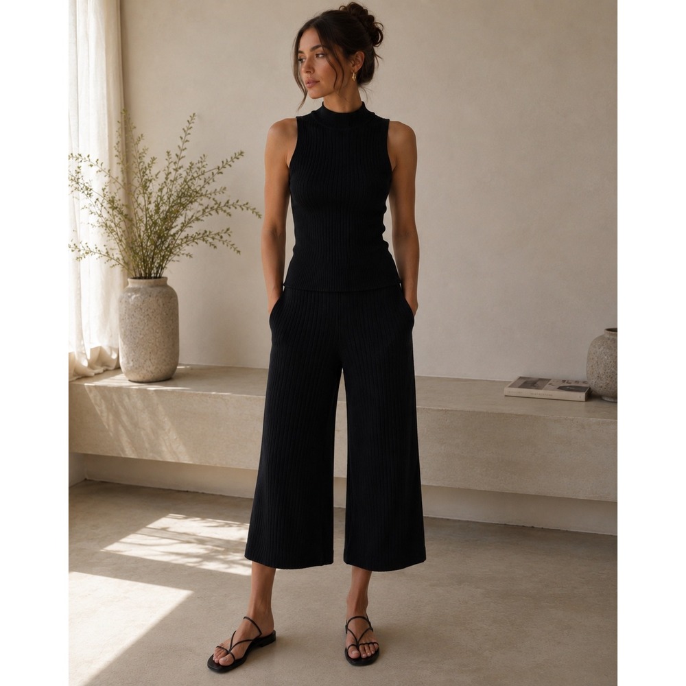 Marled Black Ribbed Knit Mock Neck Sleeveless Top & Wide Leg Crop Pants Set XS